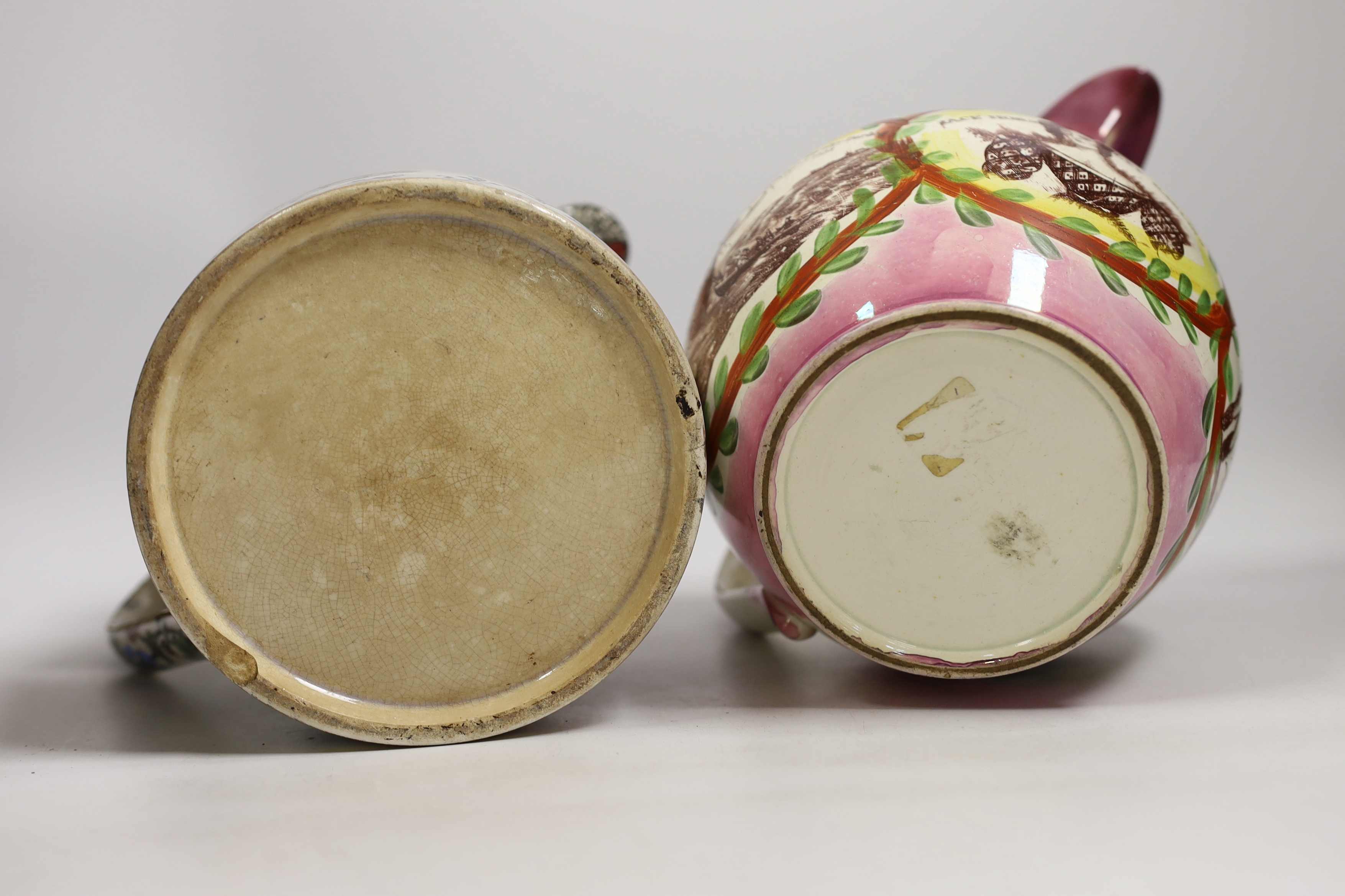 A Victorian ‘Speed the Plough’ jug and a Sunderland and Tyne ‘Grace Darling’ commemorative pink lustre jug, largest 19cm